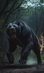 a large black bear walking on dirt ground