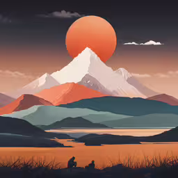 some people a sunset over a mountain lake and snow capped mountains,a painting with an image of a couple sitting in the desert by the mountain