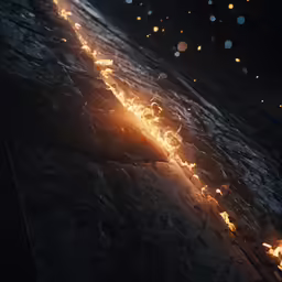 a fire flame on the ground in front of a dark sky