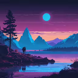 a digital art painting of a man looking at the ocean and mountains,a man standing on a mountain looking out into a lake under a full moon