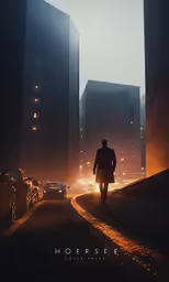 a man in a coat walking down a dark street