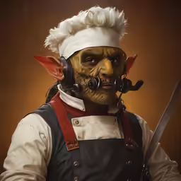 man wearing unusual facial and mask costumes holding a knife