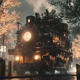 a train that is on a street near trees
