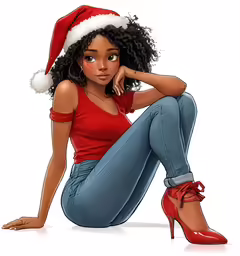 cartoon christmas girl in red shirt sitting and wearing red shoelace