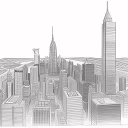 a black and white drawing of a city with tall buildings,a drawing of two tall buildings standing on top of each other