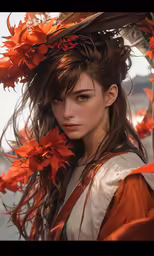 a woman with flowers is wearing an orange outfit