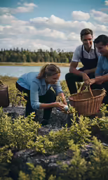 two people are standing and holding baskets in their hands