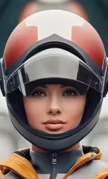 a woman in an orange and white helmet standing up