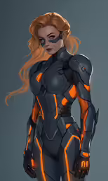 a woman wearing black and orange outfit with glowing orange glowings