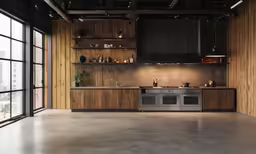 a kitchen that has wooden wall panels in it