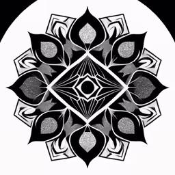 a black and white circular pattern with some leaves