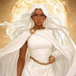 a woman in white clothes wearing a shawl and holding a piece of gold