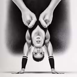 a person that is doing a yoga pose in front of a large mirror