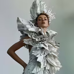 the woman is wearing an elaborate dress made from magazines