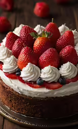 a cake on a serving platter with strawberries and whipped cream