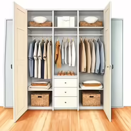 a very big white closet with some clothes on it
