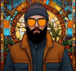 a man with beard, wearing sunglasses, and jacket,the artist has his picture painted in orange, and a beard