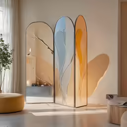 three mirrors with different shapes in a room