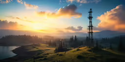 a tower on a green hill with water and trees