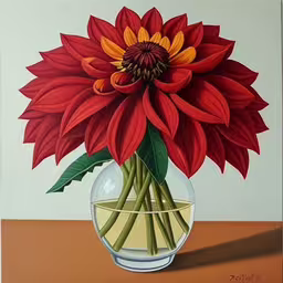 a painting of a large flower in a glass vase,a painting of a red and yellow flower in a clear vase,a painting with large red and yellow flowers in a glass vase,an image of a painting of a flower in a vase,a painting of a large red flower in a vase