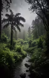 a stream running through a lush green forest