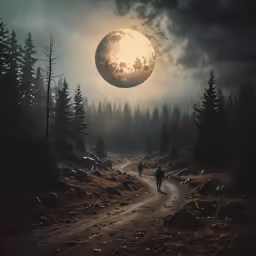 a man is walking in the woods near a trail to another tree