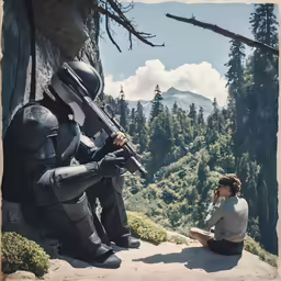 an image of a man with a gun sitting by another man with a camera