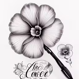 a drawing of a flower with a pen in it,a pen drawing with the words and flower
