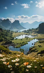 some white daisies a lake some mountains and some green grass