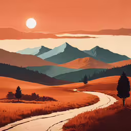 the sunrise and sunset scene with colorful hills,painting of a river running through a green valley