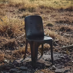 a single metal chair is sitting in the field