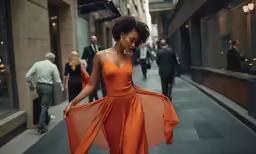 an attractive woman walking down a city street in an orange dress
