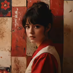 a young woman wearing a red and white top with her hair styled in a bun