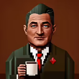 a pixelistic image shows a man wearing an over - sized red tie and holding a cup