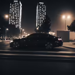 a car is parked on the street at night