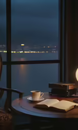 a book, cup of coffee and books sit on a table near the ocean