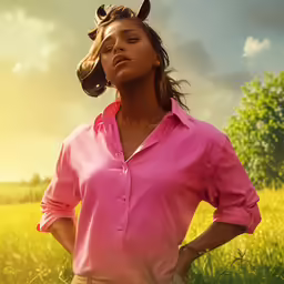 a woman wearing a pink shirt standing in a green field
