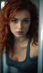 a redhead girl with blue eyes leaning against a metal gate