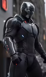 a man in black costume is walking on a street