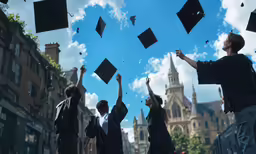 people tossing graduation hats in the air at a graduation