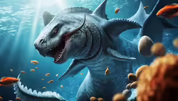 a dinosaur in an underwater scene with many fish