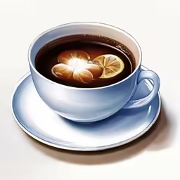 a cup of dark tea sits on a saucer