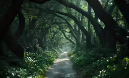 a dirt road through an avenue of lush green trees