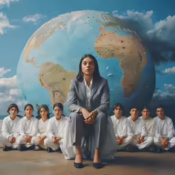 a business woman sits with several other business men