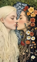 two women with long hair laying in the grass
