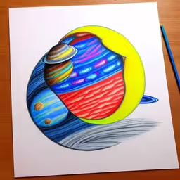 a drawing of planets in color pencils sitting on a table