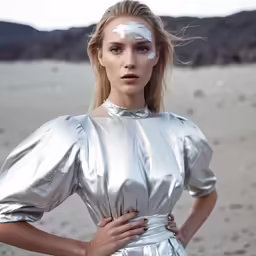 a beautiful young blond woman in silver shirt posing with her hands on her hip