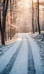 there is a snow covered road that has three lanes