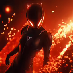 a woman in futuristic outfit walking in an orange glow