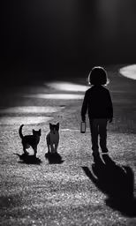 a young girl walking past a small cat